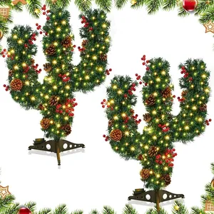 Albero di Natale Creativo a Cactus Mini Albero Artificiale da Tavolo Con Luci LED Calde Pigne Bacche Rosse Decorazione