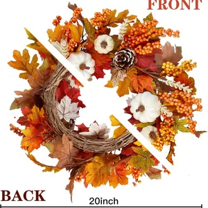 20 inch Autumn wreath with maple leaves pumpkins and pinecones for front door decor