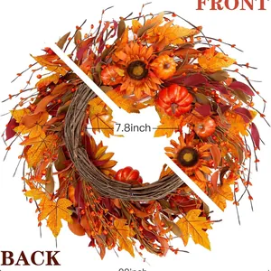 20-inch Autumn wreath with sunflowers, pumpkins, and maple leaves for Thanksgiving decor