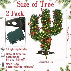 Set di due alberi di Natale a cactus da 70 cm con luci LED, pigne e bacche rosse vivaci
