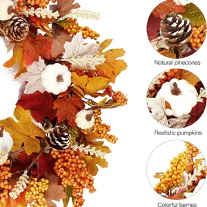 50cm Autumn Halloween wreath with pumpkins, pine cones, and colorful maple leaves