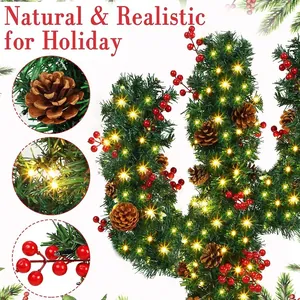 Mini cactus di Natale da 70 cm con bacche rosse, pigne e luci LED bianche calde