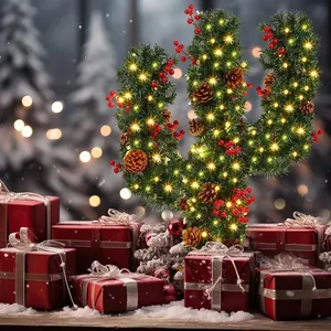 Mini albero cactus da 70cm con luci LED, bacche rosse e pigne naturali decorazione