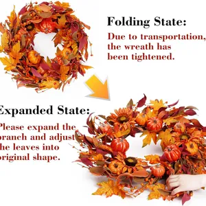 Fall wreath with pumpkins, sunflowers, and maple leaves shown in folded and fluffy states