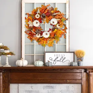 50cm Autumn wreath with maple leaves and pumpkins on a vintage white window frame