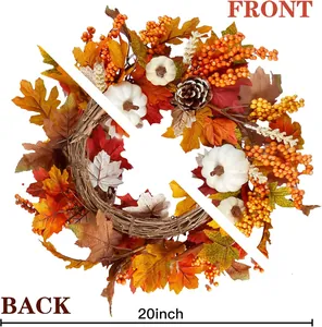 Close-up of a 20-inch autumn wreath showing front décor and back vine details