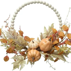 Fall Wood Bead Pumpkin Wreath With Artificial Maple Leaves Berry Farmhouse Thanksgiving Autumn Door Wall Hanging Decoration