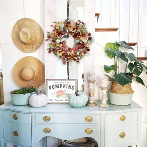 Artificial autumn wreath with lamb's ear leaves and berries for farmhouse home wall decor