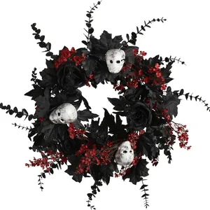 Gothic Halloween Wreath With Black Maple Leaves Roses Skulls And Red Berries For Front Door Wall Window Party Decoration