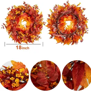 18 inch Thanksgiving autumn wreath with maple leaves and eucalyptus for front door decor