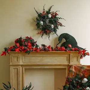 Gothic Halloween wreath and garland set with black roses, skulls and maple leaves