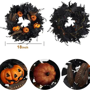 18-inch black Halloween wreath with pumpkins, glitter balls and metallic maple leaves
