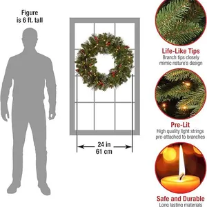 Detailed infographic of 24-inch pre-lit Christmas wreath with red berries and LED lights