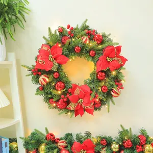 Artificial Christmas Wreath And Garland With LED Lights PE PVC Pine Needles Poinsettia Flower Ornaments For Holiday Home Hotel Wall Hanging Decor