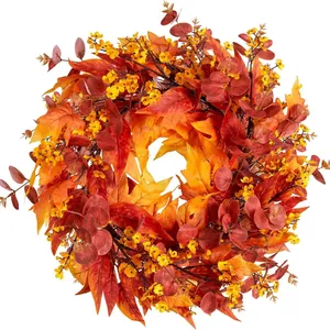 Autumn Maple Leaf Wreath With Eucalyptus Leaves Yellow Flowers For Front Door Thanksgiving Halloween Harvest Festival Seasonal Home Decor