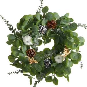 Guirnalda de Eucalipto de Otoño Con Calabazas Blancas Piñas Y Espigas de Trigo Para Acción de Gracias Halloween Decoración Interior