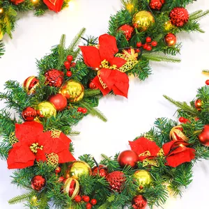 2.7m Christmas garland with red poinsettia flowers, ball ornaments and warm LED lights