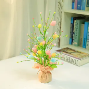 Easter Egg Artificial Tree With Linen Base Colorful Foam Eggs Pastoral Desktop Ornament For Spring Party Home Table Decoration