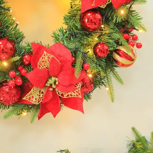 80cm PE mixed Christmas wreath with red poinsettia, gold ornaments and LED lights