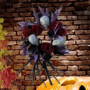 Halloween wreath featuring silver skulls and dark red roses on a rustic brick wall