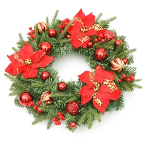 Luxury 80cm Christmas wreath with red poinsettias, golden balls, and red berries on white background