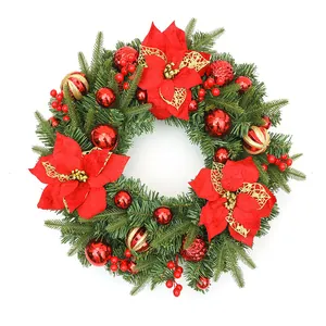 80cm Christmas wreath with red poinsettias, pine needles, berries and decorative balls