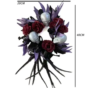 Halloween Simulation Skull Rose Wreath Gothic Dark Style Door Hanging Decoration Artificial Flower Wreath Party Supplies