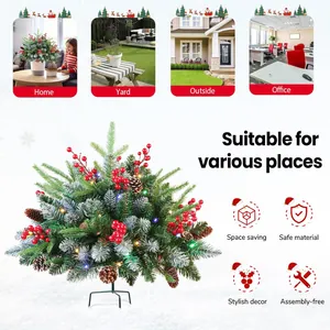 60cm flocked mini Christmas tree with LED lights, pine cones, red berries and metal base