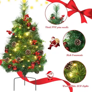 Mini tabletop Christmas tree with PVC pine needles, ornaments, and warm LED lights