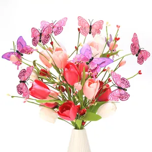 Artificial Tulip Flower Stem With Butterfly Decoration Faux Silk Tulip Branch For Home Wedding Party Room Decoration