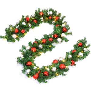 Detailed 2.7m Christmas garland with red and silver ornaments and warm LED lights