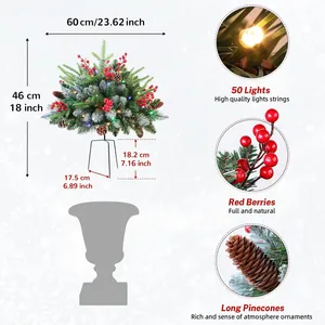 60cm flocked Christmas urn filler with 50 LED lights, pine needles, berries and cones