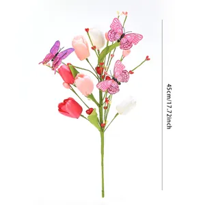 Artificial tulip bouquet with butterflies and berries for home decor, height 45cm