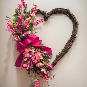 Handmade heart-shaped rattan wreath with pink faux flowers and ribbon for home decor