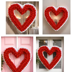 Valentine's Day Heart Pompom Wreath Romantic Red Pink White Plush Heart Hanging Ornament For Wedding Party Home Wall Decor