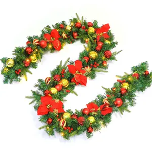 2.7m lighted Christmas garland with red poinsettia flowers and gold baubles for decor