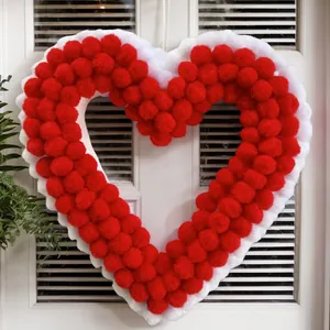 Valentine's red and white plush pom pom heart wreath for home decor and wedding