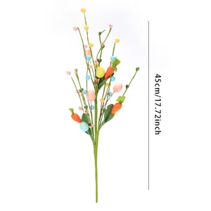 Branche décorative de Pâques 45cm avec œufs colorés et mini carottes sur fond blanc