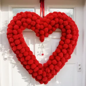 Valentine red heart plush pom-pom wreath with crystal pendant for indoor wall decoration