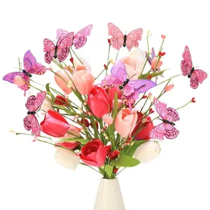 Artificial tulip bouquet with butterflies in white ceramic vase for home decor