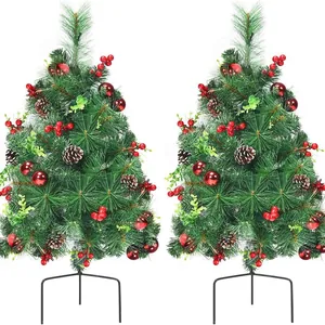 Set of two 60cm artificial outdoor Christmas trees with berries, pine cones and red balls