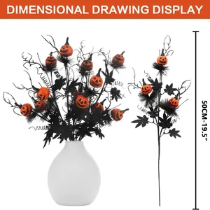 Branche d'Halloween de 50cm avec feuilles d'érable noires et mini citrouilles