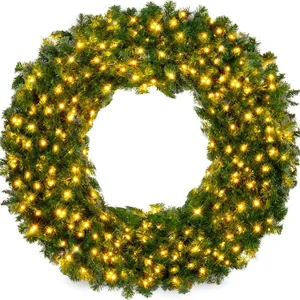 Grande Couronne de Noël Lumineuse Avec Lumières LED Chaudes PVC Ignifuge Aiguille de Pin Vert Décoration de Fêtes Pour Mur Porte Intérieur Extérieur