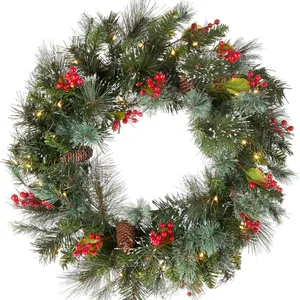 Snowy Christmas Wreath With LED Lights Pine Needles Red Berries Pine Cones Door Hanging Garland For Holiday Home Decor