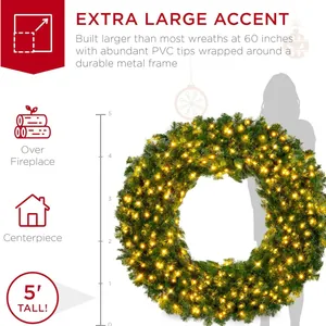 Grande couronne de Noël de 60 pouces avec feuilles en PVC dense et lumières LED chaudes