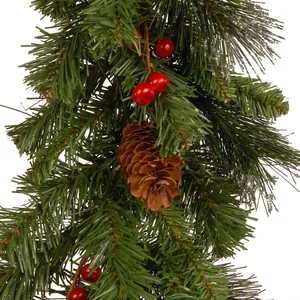 Artificial Christmas garland with pine needles, red berries and natural pine cones