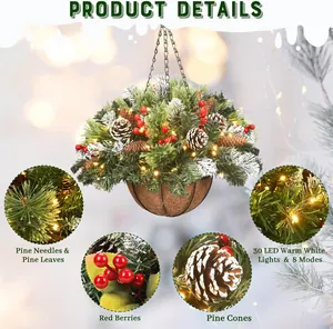 Detail of Christmas hanging basket with 30 warm white LED lights and pinecone accents