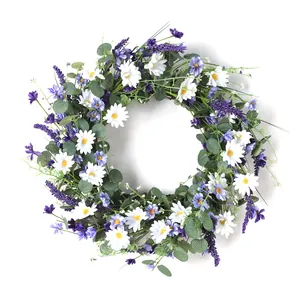 Artificial Flower Wreath With Satin Daisy Lavender Sunflower Eucalyptus Leaves For Front Door Wall Wedding Home Decor
