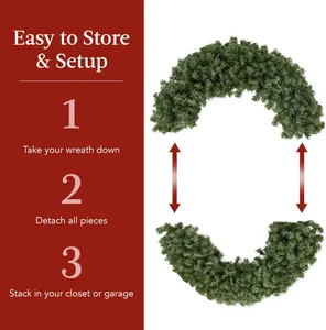 Three-step storage guide for large Christmas wreath showing folding and space-saving steps