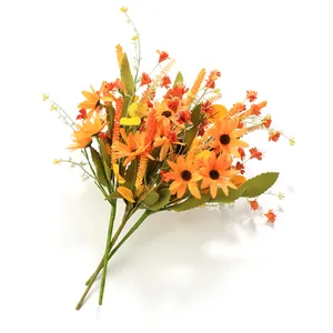 Bouquet d'automne artificiel avec tournesols, marguerites oranges et feuillage vert
